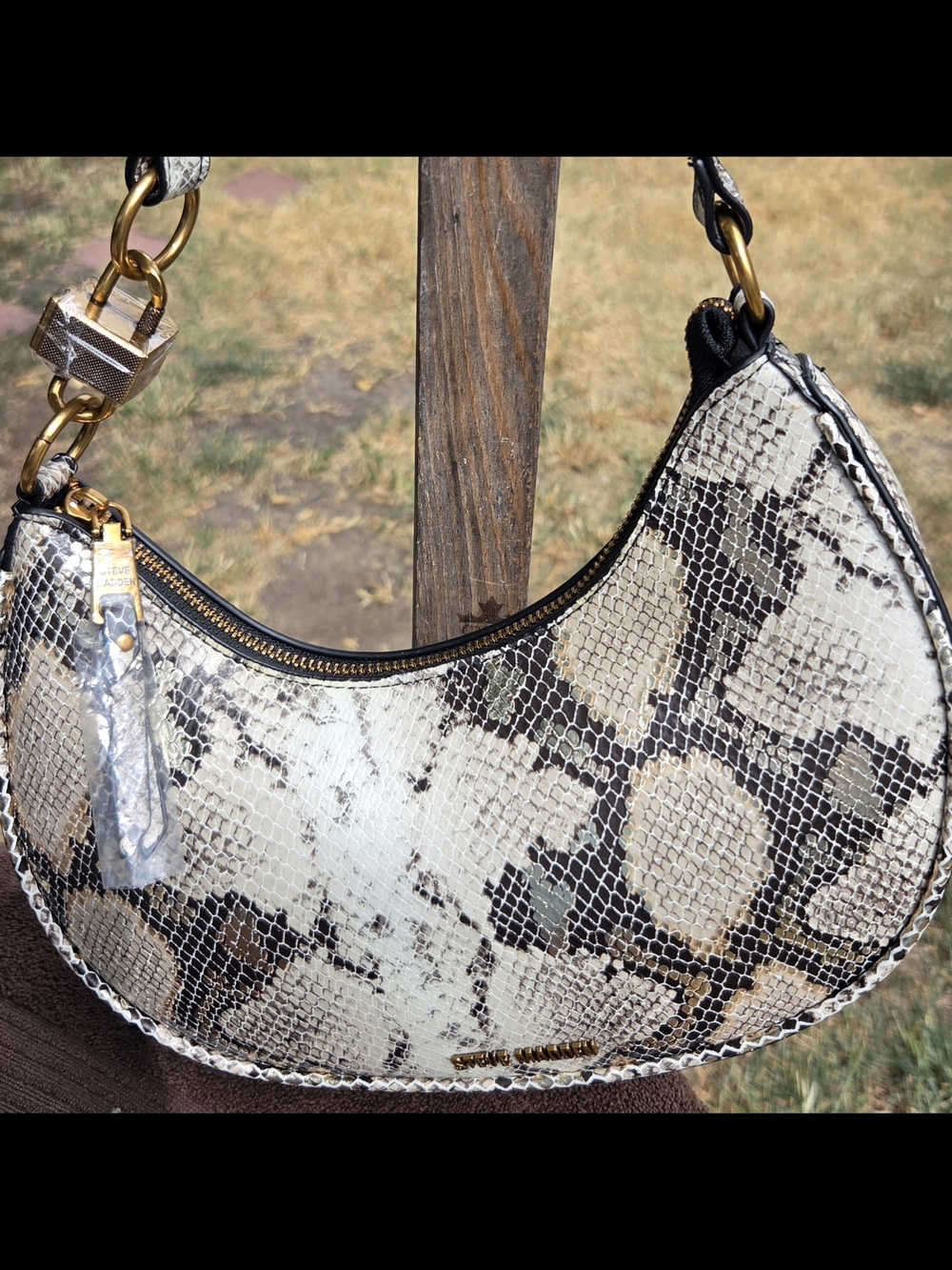 Steve Madden Snake-Print Crescent Mini Bag in Ivory and Black